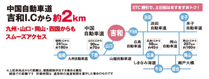 中国自動車道吉和I.Cから約2Km 九州・山口・岡山・四国からもスムーズアクセス