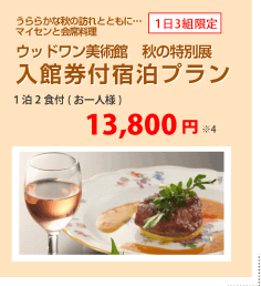 ウッドワン美術館　秋の特別展　入館券付き宿泊プラン　13,800円